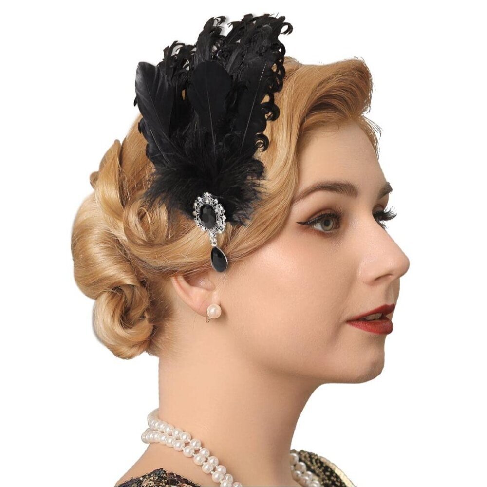 Flapper Headband Black Feather Rhinestone 1920s Gatsby Hair Accessory